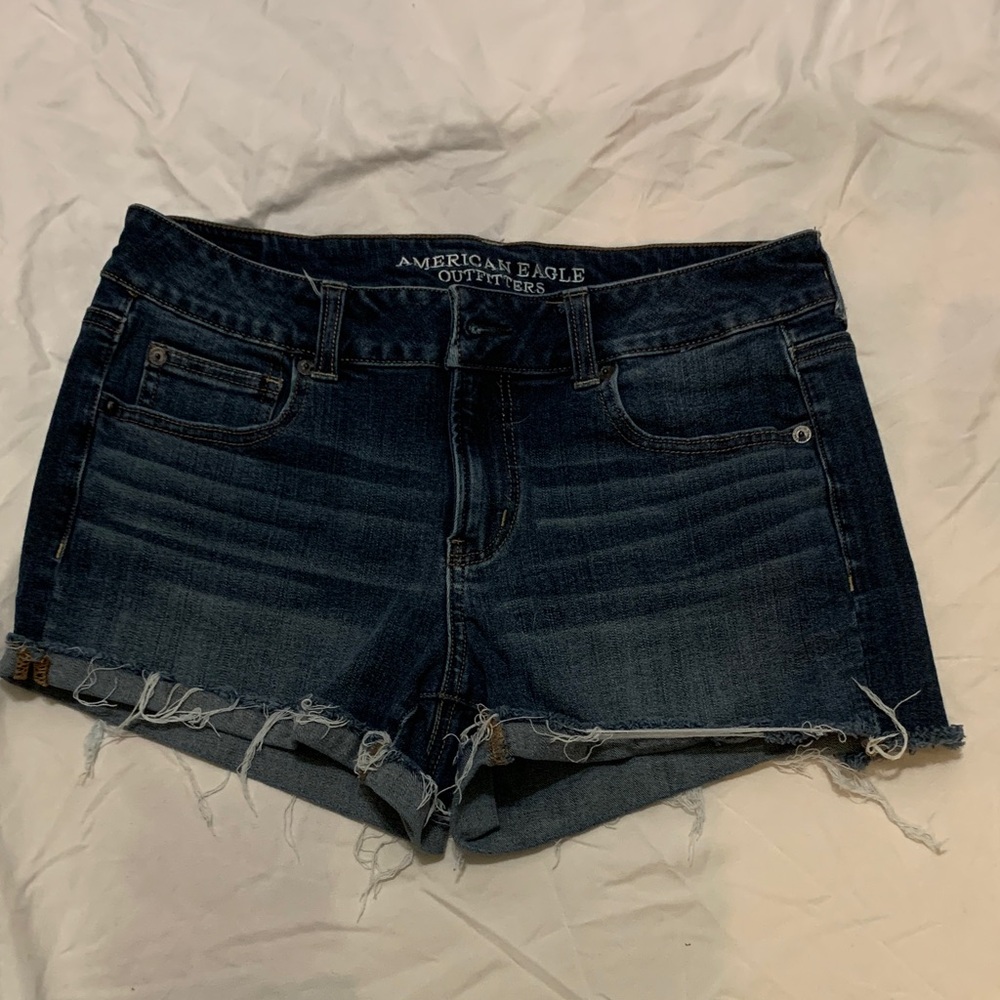 American Eagle Outfitters Women's Distressed Dark Blue Jean Shorts